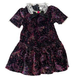 Baby Togs Vintage Velvet Floral Paisley Lace Collar Dress Toddler 3T